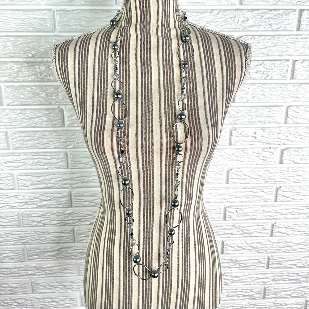 Lia Sophia Long Silver Tone Grey Faux Pearl Beaded Alpine Necklace